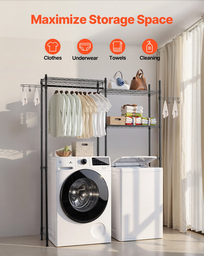 Over Washer and Dryer Storage Shelves, 5 Tiers Laundry Room Drying Rack with Hanger Rod and Hooks, Two Rows Adjustable Washer Shelves Space Saver, for Laundry Room Storage & Organization, Black