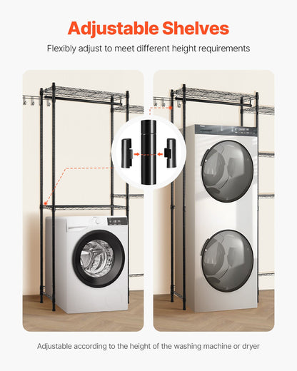 Over Washer and Dryer Storage Shelves, 5 Tiers Laundry Room Drying Rack with Hanger Rod and Hooks, Two Rows Adjustable Washer Shelves Space Saver, for Laundry Room Storage & Organization, Black
