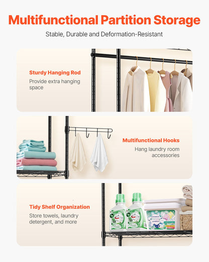 Over Washer and Dryer Storage Shelves, 5 Tiers Laundry Room Drying Rack with Hanger Rod and Hooks, Two Rows Adjustable Washer Shelves Space Saver, for Laundry Room Storage & Organization, Black