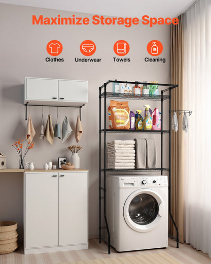 Over Washer and Dryer Storage Shelf, 3 Tiers Laundry Room Drying Rack with Hanger Rod and Hooks, Single Row Adjustable Washer Shelves Space Saver, for Laundry Room Storage & Organization, Black