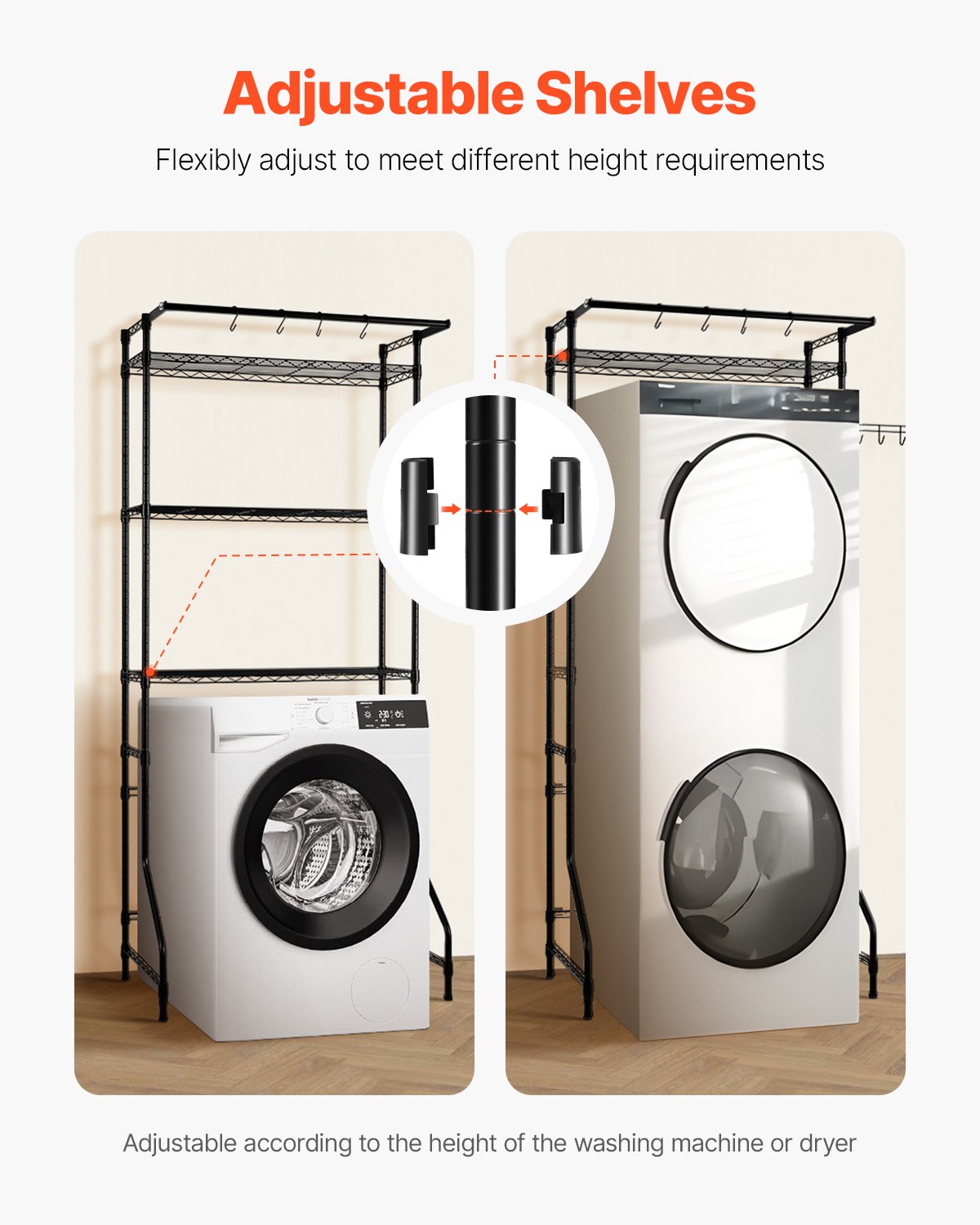 Over Washer and Dryer Storage Shelf, 3 Tiers Laundry Room Drying Rack with Hanger Rod and Hooks, Single Row Adjustable Washer Shelves Space Saver, for Laundry Room Storage & Organization, Black