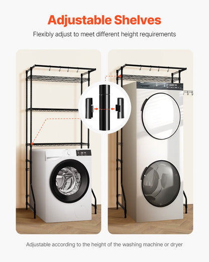 Over Washer and Dryer Storage Shelf, 3 Tiers Laundry Room Drying Rack with Hanger Rod and Hooks, Single Row Adjustable Washer Shelves Space Saver, for Laundry Room Storage & Organization, Black