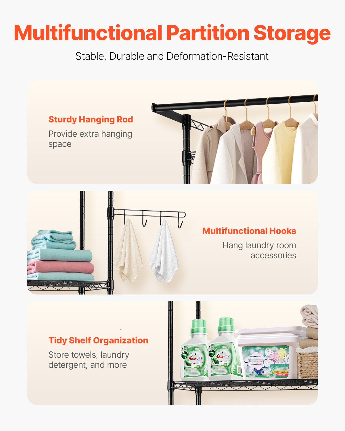 Over Washer and Dryer Storage Shelf, 3 Tiers Laundry Room Drying Rack with Hanger Rod and Hooks, Single Row Adjustable Washer Shelves Space Saver, for Laundry Room Storage & Organization, Black