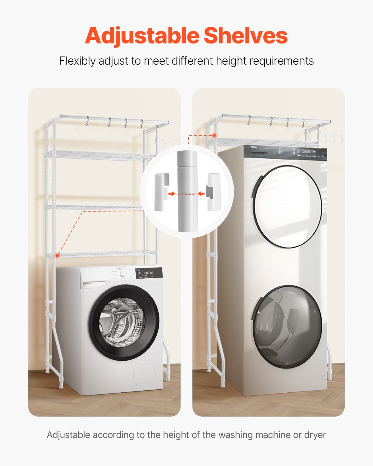 Over Washer and Dryer Storage Shelf, 3 Tiers Laundry Room Drying Rack with Hanger Rod and Hooks, Single Row Adjustable Washer Shelves Space Saver, for Laundry Room Storage & Organization, White