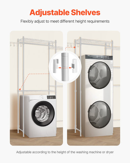 Over Washer and Dryer Storage Shelves, 5 Tiers Laundry Room Drying Rack with Hanger Rod and Hooks, Two Rows Adjustable Washer Shelves Space Saver, for Laundry Room Storage & Organization, White