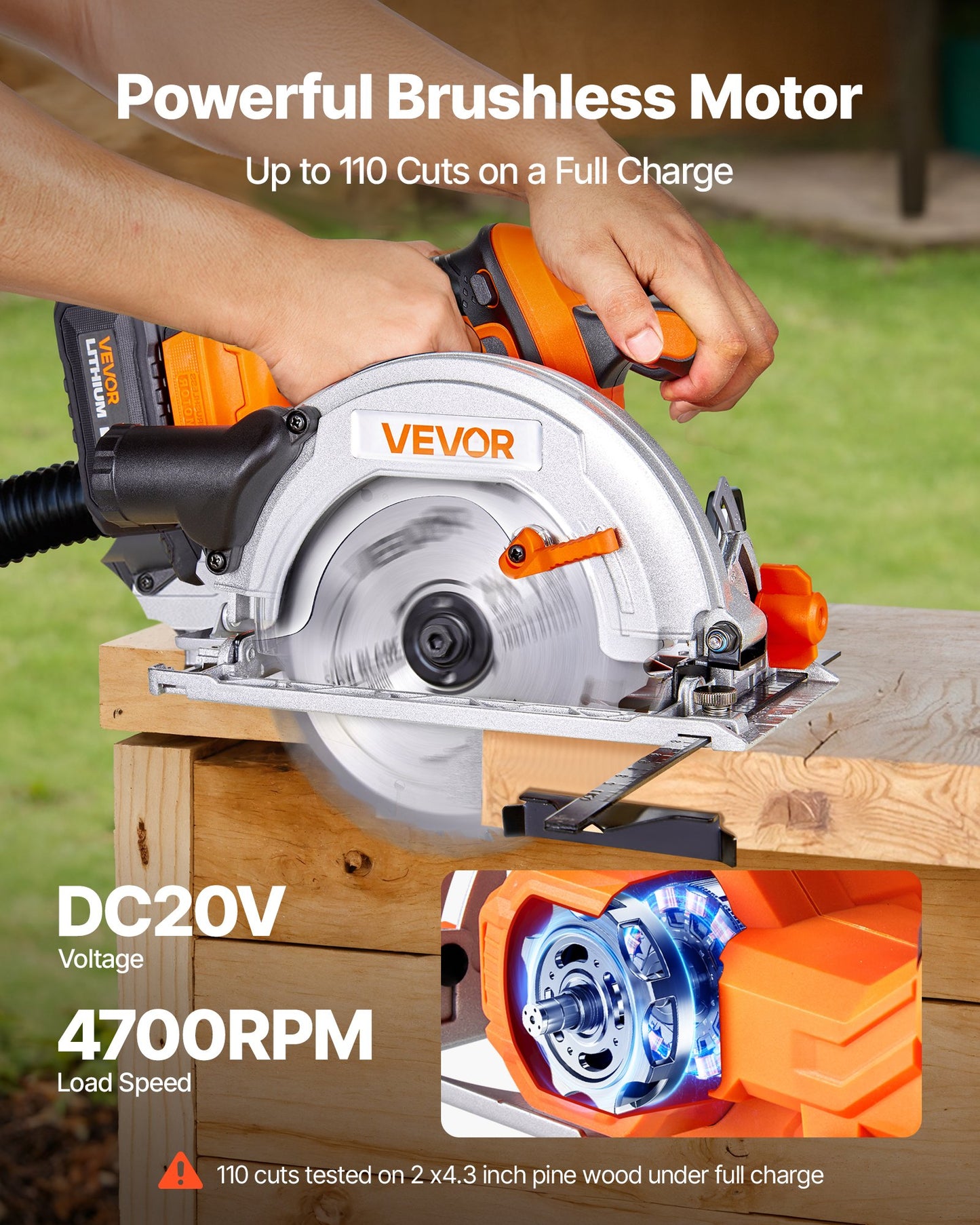 Cordless Circular Saw, 6-1/2 inch Blade, 4700 RPM Speed, 0-45 Degree Bevel Capability, Brushless Motor, LED Light, Electric Circular Saw Kit with Battery and Charger Included, for Wood Cutting