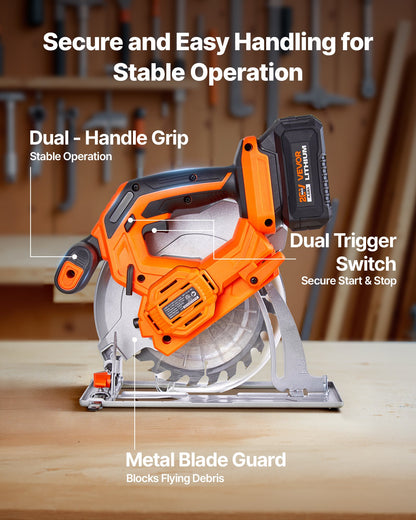 Cordless Circular Saw, 6-1/2 inch Blade, 4700 RPM Speed, 0-45 Degree Bevel Capability, Brushless Motor, LED Light, Electric Circular Saw Kit with Battery and Charger Included, for Wood Cutting