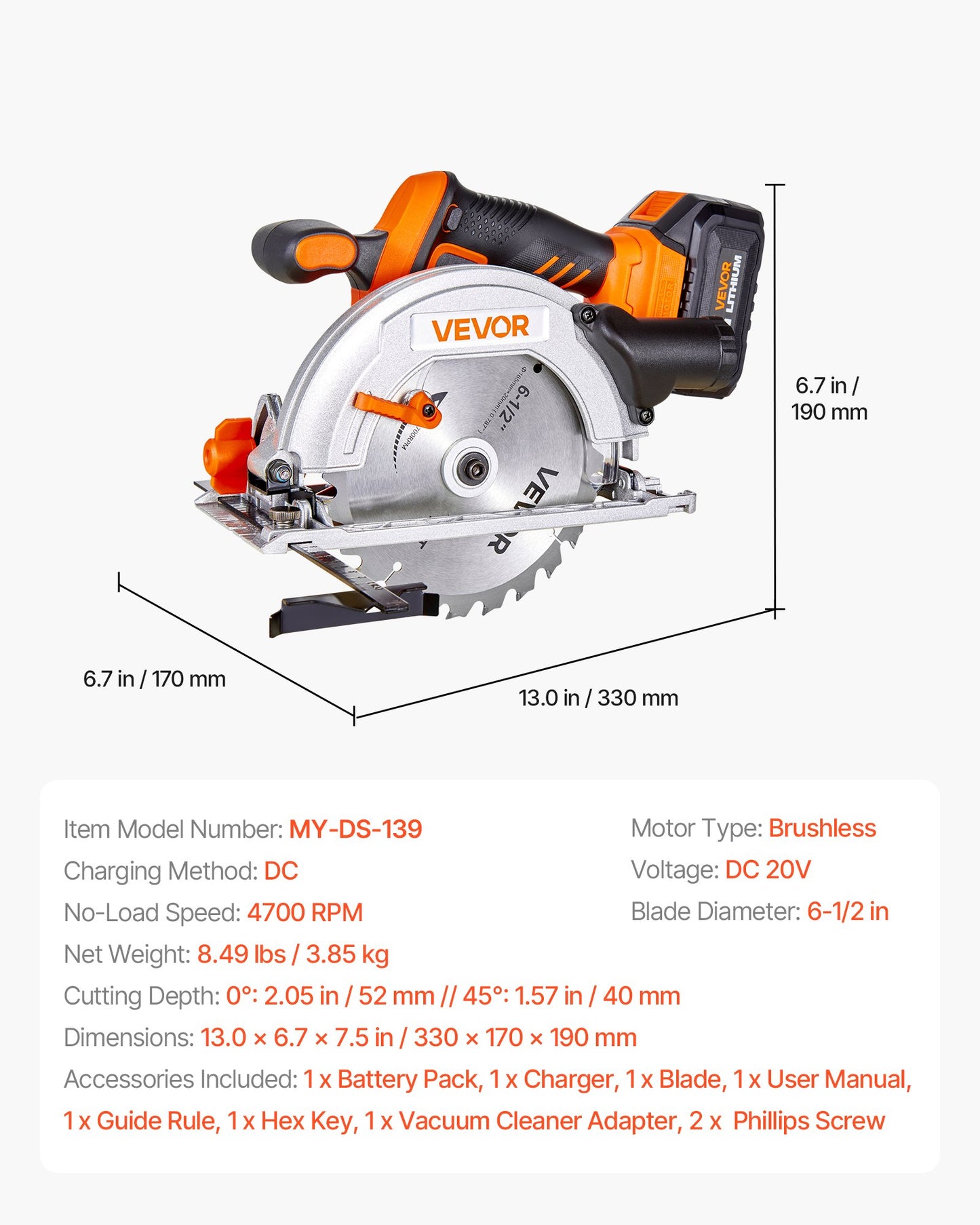 Cordless Circular Saw, 6-1/2 inch Blade, 4700 RPM Speed, 0-45 Degree Bevel Capability, Brushless Motor, LED Light, Electric Circular Saw Kit with Battery and Charger Included, for Wood Cutting