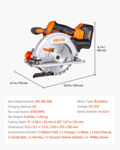 Cordless Circular Saw, 6-1/2 inch Blade, 4700 RPM Speed, 0-45 Degree Bevel Capability, Brushless Motor, LED Light, Electric Circular Saw Kit with Battery and Charger Included, for Wood Cutting