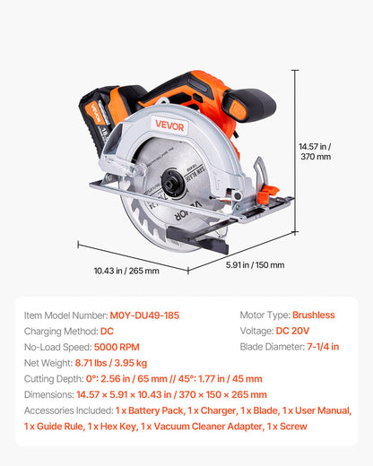Cordless Circular Saw, 7-1/4 inch Blade, 5000 RPM Speed, 0-45 Degree Bevel Capability, Brushless Motor, LED Light, Electric Circular Saw Kit with Battery and Charger Included, for Wood Cutting