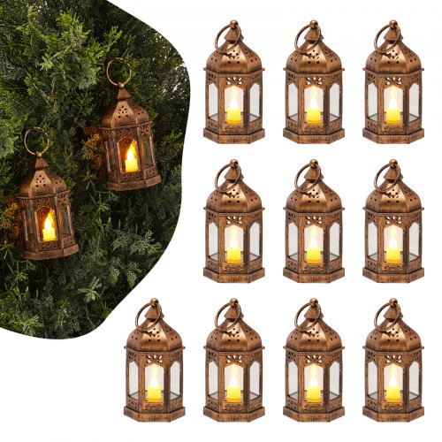 12 Pcs Decorative Candle Lantern, LED Electric Flameless Candle, Plastic LED Holder with Glass, Wall Hanging Indoor Porch Lanterns for Wedding Table Party Farmhouse Indoor Decor, Bronze