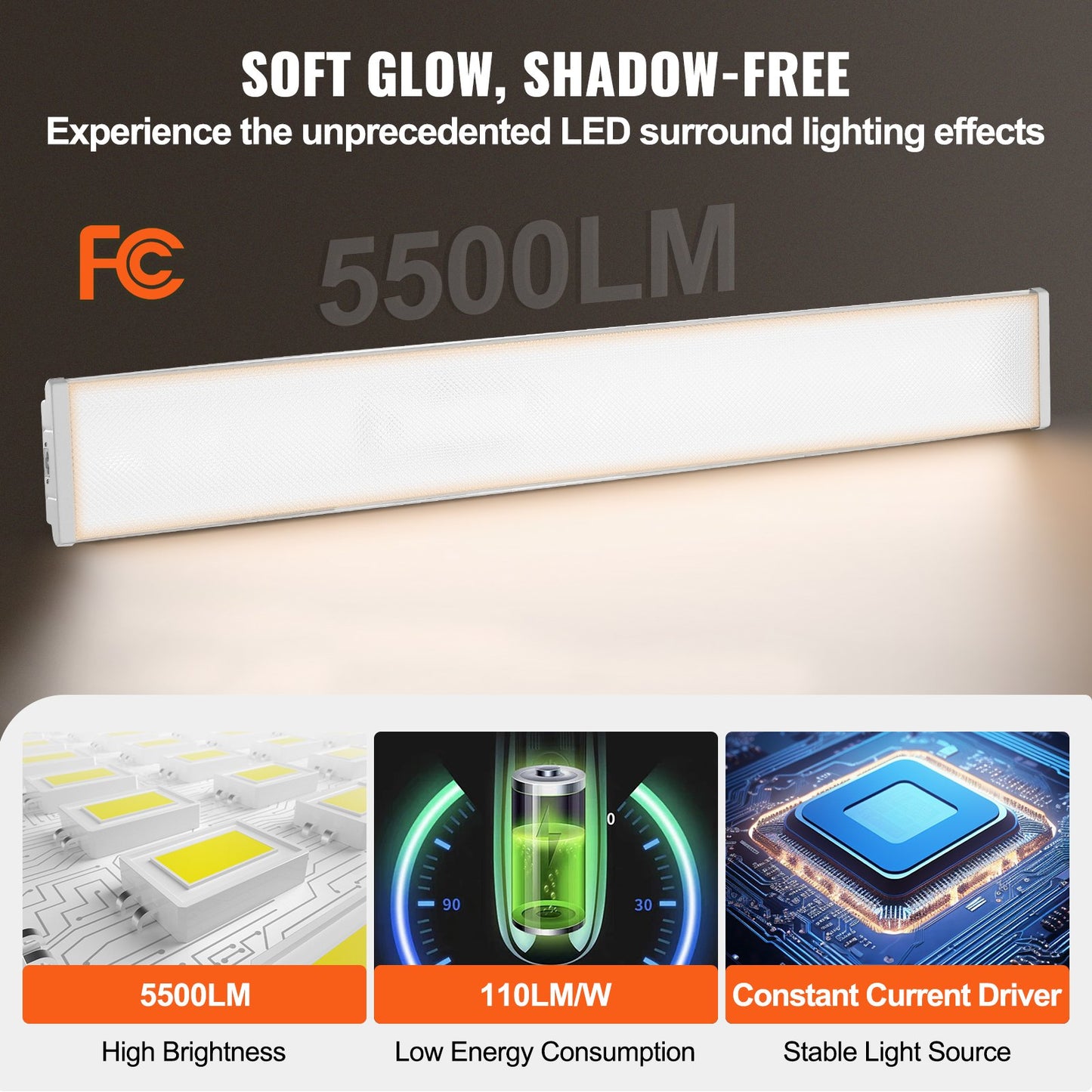 4FT LED Wraparound Light, 50W, 5500LM Flush Mount LED Shop Light, 3000K/4000K/5000K Adjustable LED Kitchen Ceiling Lighting Fixtures for Garage Office Laundry Fluorescent Tube Replacement, FCC