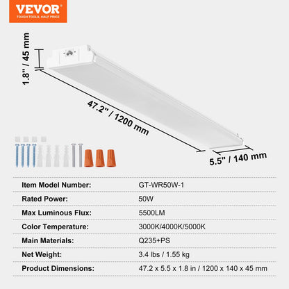 4FT LED Wraparound Light, 50W, 5500LM Flush Mount LED Shop Light, 3000K/4000K/5000K Adjustable LED Kitchen Ceiling Lighting Fixtures for Garage Office Laundry Fluorescent Tube Replacement, FCC