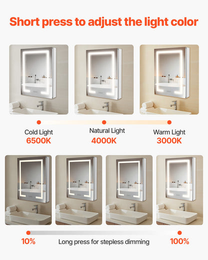 Lighted Medicine Cabinet with Mirror, 20 x 26 in Recessed or Wall Mount, 3 Color Dimmable LED Bathroom Medicine Cabinet with Double-Side Mirror, Adjustable Shelves, Memory Anti-Fog Function