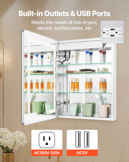 Lighted Medicine Cabinet with Mirror, 20 x 26 in Recessed or Wall Mount, 3 Color Dimmable LED Bathroom Medicine Cabinet with Double-Side Mirror, Adjustable Shelves, Memory Anti-Fog Function