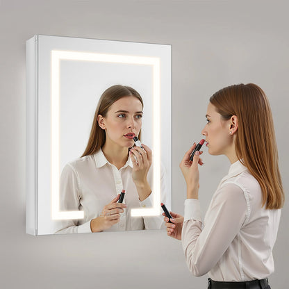 Lighted Medicine Cabinet with Mirror, 20 x 26 in Recessed or Wall Mount, 3 Color Dimmable LED Bathroom Medicine Cabinet with Double-Side Mirror, Adjustable Shelves, Memory Anti-Fog Function