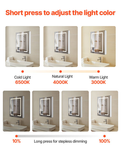 Lighted Medicine Cabinet with Mirror, 24 x 30 in Recessed or Wall Mount, 3 Color Dimmable LED Bathroom Medicine Cabinet with HD Mirror, Clock, Adjustable Shelve Storage, Memory Defog Function