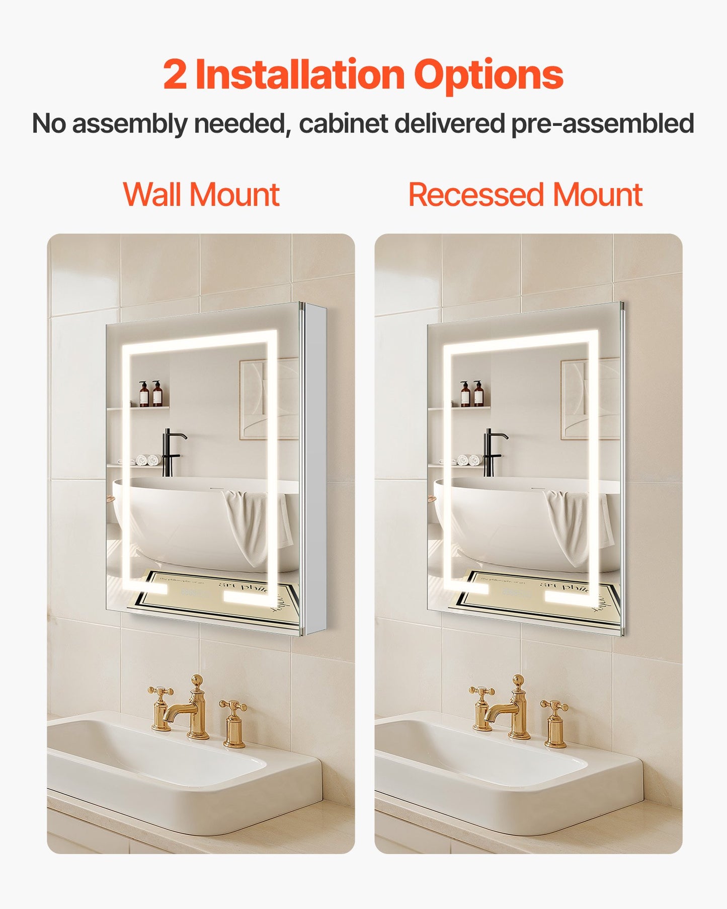 Lighted Medicine Cabinet with Mirror, 24 x 30 in Recessed or Wall Mount, 3 Color Dimmable LED Bathroom Medicine Cabinet with HD Mirror, Clock, Adjustable Shelve Storage, Memory Defog Function