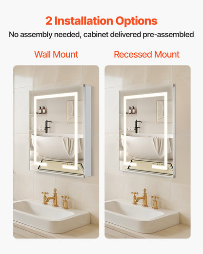 Lighted Medicine Cabinet with Mirror, 24 x 30 in Recessed or Wall Mount, 3 Color Dimmable LED Bathroom Medicine Cabinet with HD Mirror, Clock, Adjustable Shelve Storage, Memory Defog Function