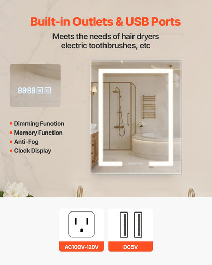 Lighted Medicine Cabinet with Mirror, 24 x 30 in Recessed or Wall Mount, 3 Color Dimmable LED Bathroom Medicine Cabinet with HD Mirror, Clock, Adjustable Shelve Storage, Memory Defog Function