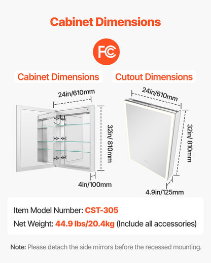 Lighted Medicine Cabinet with Mirror, 24 x 32 in Recessed or Wall Mount, 3 Color Dimmable LED Bathroom Medicine Cabinet with Magnifying Mirror, Adjustable Shelve Storage, Memory Defog Function