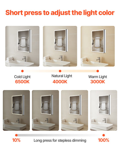 Lighted Medicine Cabinet with Mirror, 24 x 32 in Recessed or Wall Mount, 3 Color Dimmable LED Bathroom Medicine Cabinet with Magnifying Mirror, Adjustable Shelve Storage, Memory Defog Function