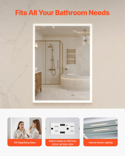 Lighted Medicine Cabinet with Mirror, 24 x 32 in Recessed or Wall Mount, 3 Color Dimmable LED Bathroom Medicine Cabinet with Magnifying Mirror, Adjustable Shelve Storage, Memory Defog Function