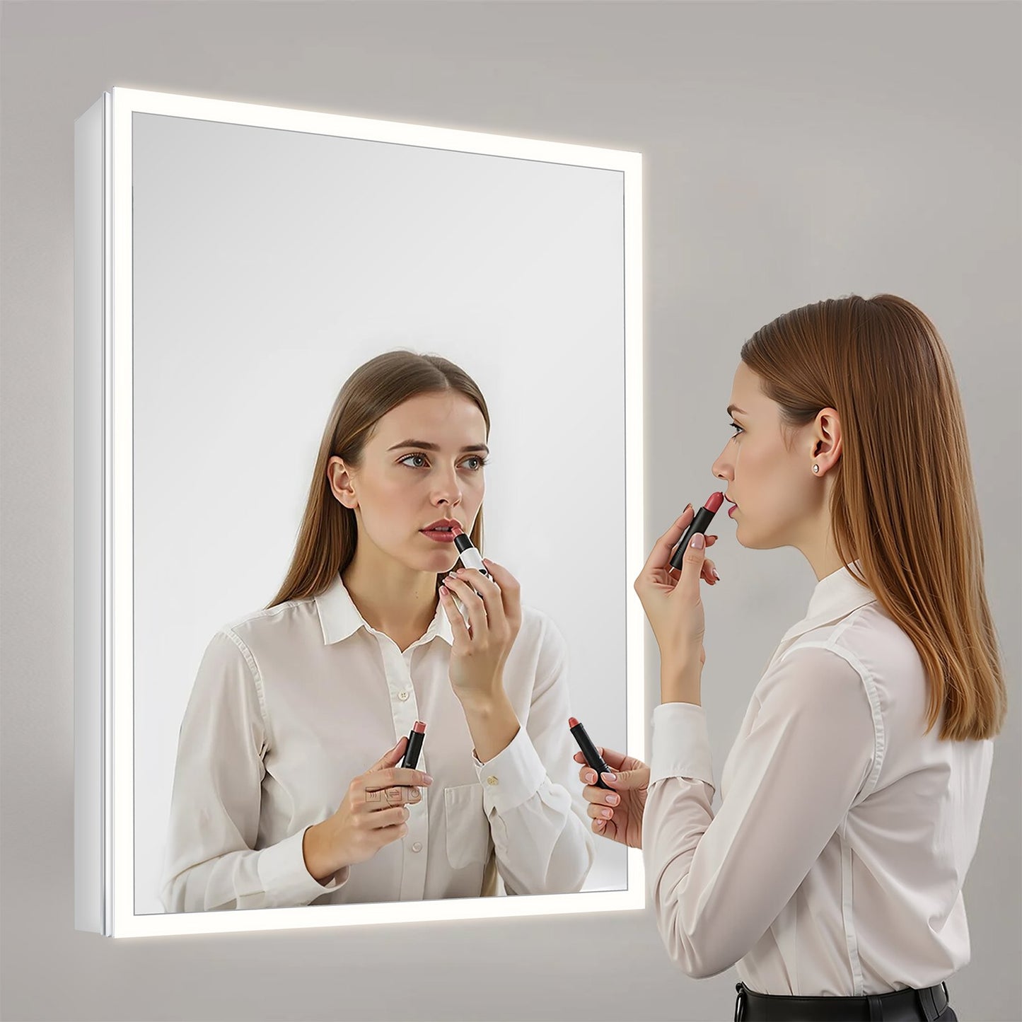 Lighted Medicine Cabinet with Mirror, 24 x 32 in Recessed or Wall Mount, 3 Color Dimmable LED Bathroom Medicine Cabinet with Magnifying Mirror, Adjustable Shelve Storage, Memory Defog Function