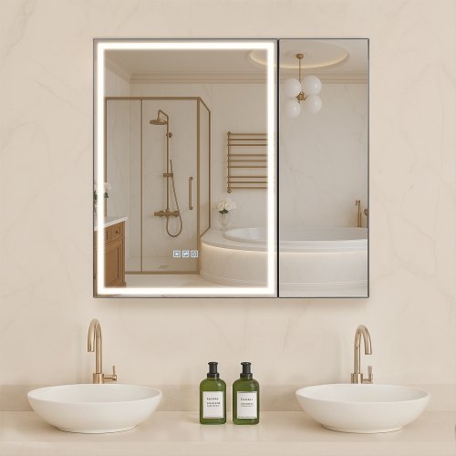 Lighted Medicine Cabinet with Mirror, 30 x 28 in Recessed or Wall Mount, 3 Color Dimmable LED Bathroom Medicine Cabinet with HD Tempered Glass Mirror, Adjustable Shelves, Memory Defog Function