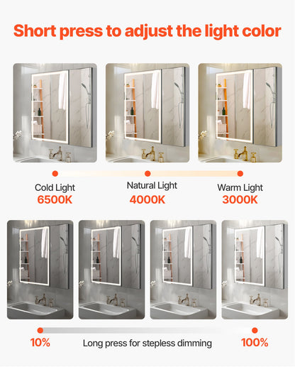 Lighted Medicine Cabinet with Mirror, 30 x 28 in Recessed or Wall Mount, 3 Color Dimmable LED Bathroom Medicine Cabinet with HD Tempered Glass Mirror, Adjustable Shelves, Memory Defog Function