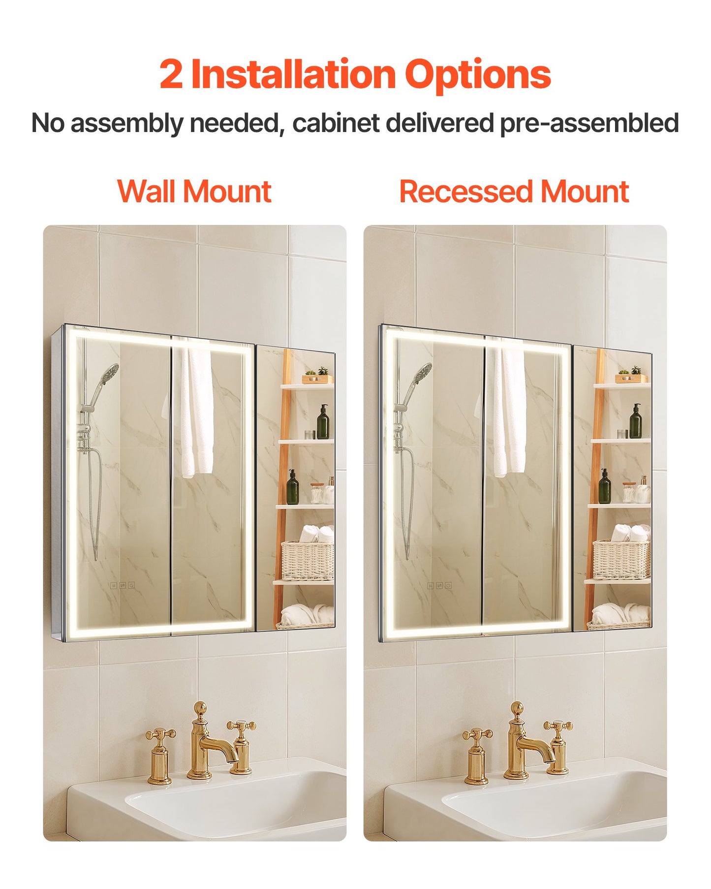 Lighted Medicine Cabinet with Mirror, 30 x 28 in Recessed or Wall Mount, 3 Color Dimmable LED Bathroom Medicine Cabinet with HD Tempered Glass Mirror, Adjustable Shelves, Memory Defog Function