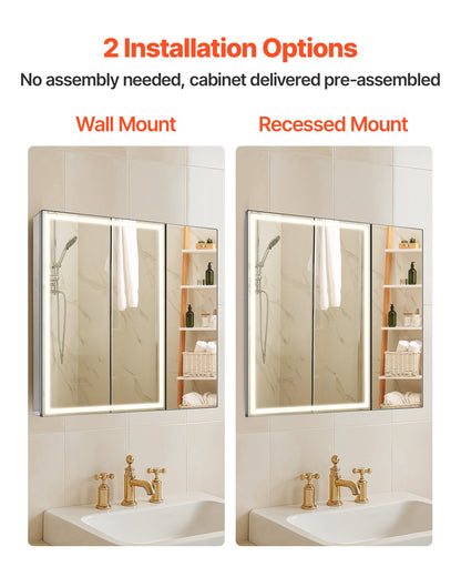 Lighted Medicine Cabinet with Mirror, 30 x 28 in Recessed or Wall Mount, 3 Color Dimmable LED Bathroom Medicine Cabinet with HD Tempered Glass Mirror, Adjustable Shelves, Memory Defog Function