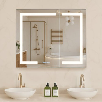 Lighted Medicine Cabinet with Mirror, 36 x 30 in Recessed or Wall Mount, 3 Color Dimmable LED Bathroom Medicine Cabinet with HD Mirror, Clock, Adjustable Shelve Storage, Memory Defog Function