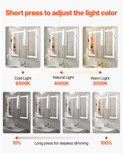 Lighted Medicine Cabinet with Mirror, 36 x 30 in Recessed or Wall Mount, 3 Color Dimmable LED Bathroom Medicine Cabinet with HD Mirror, Clock, Adjustable Shelve Storage, Memory Defog Function