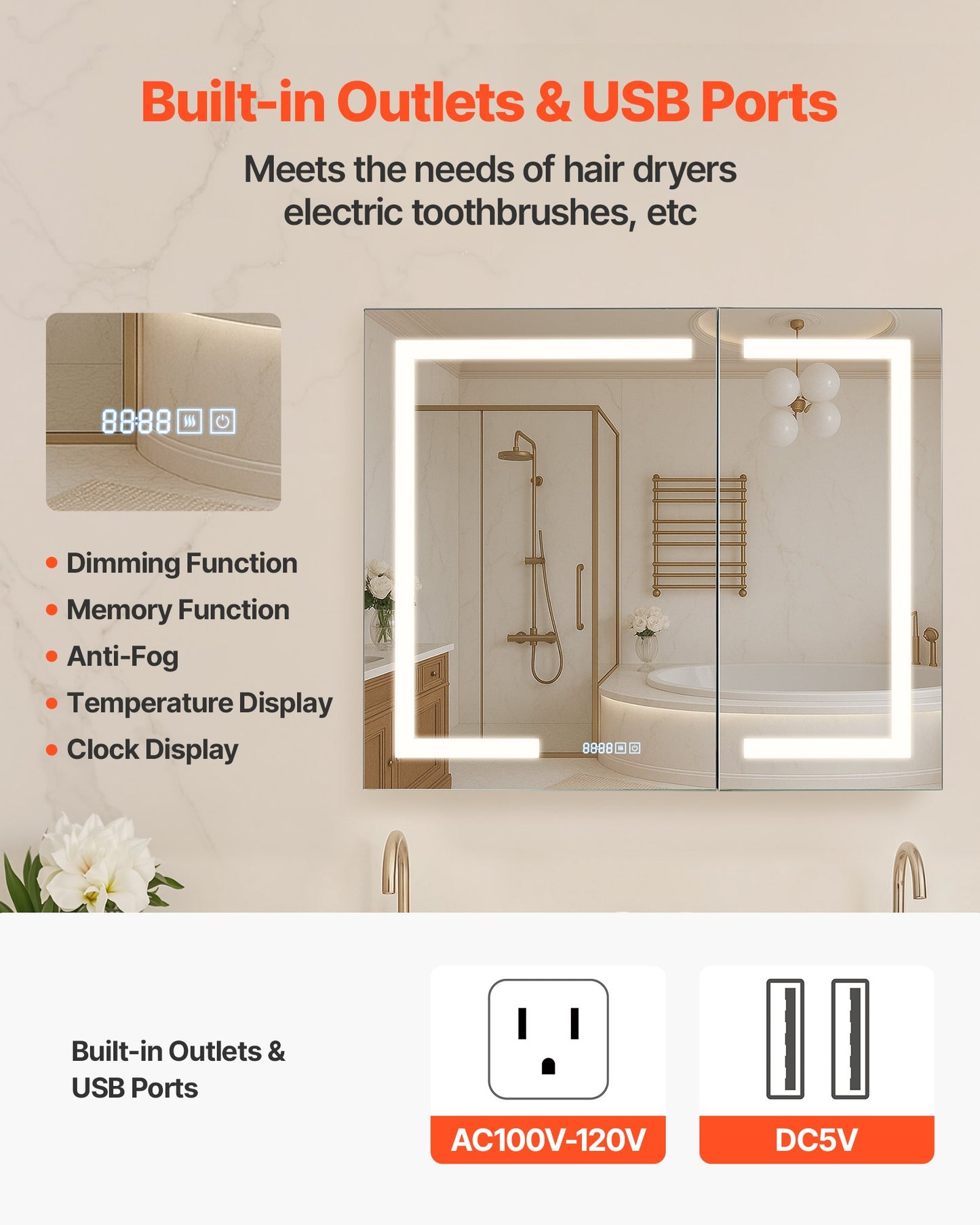 Lighted Medicine Cabinet with Mirror, 36 x 30 in Recessed or Wall Mount, 3 Color Dimmable LED Bathroom Medicine Cabinet with HD Mirror, Clock, Adjustable Shelve Storage, Memory Defog Function