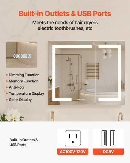 Lighted Medicine Cabinet with Mirror, 36 x 30 in Recessed or Wall Mount, 3 Color Dimmable LED Bathroom Medicine Cabinet with HD Mirror, Clock, Adjustable Shelve Storage, Memory Defog Function
