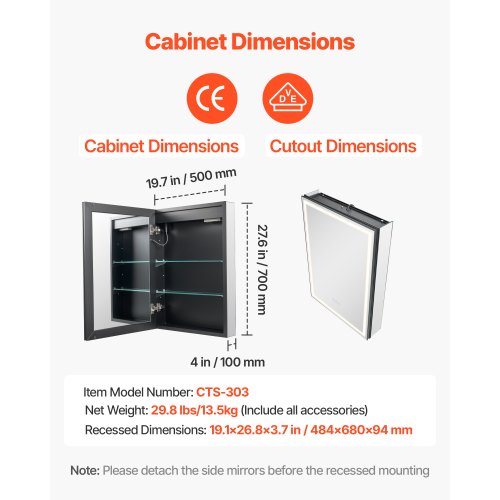 Medikamentenschrank mit Spiegel und Beleuchtung 50 x 70 cm, Wandeinbau