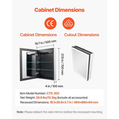 Medikamentenschrank mit Spiegel und Beleuchtung 50 x 70 cm, Wandeinbau