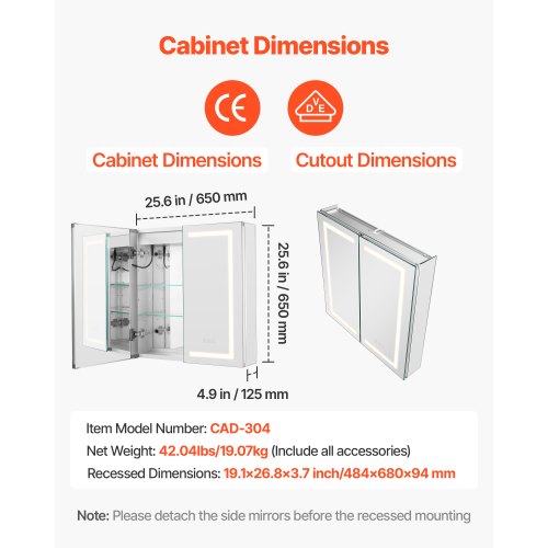 Beleuchteter Medizinschrank mit HD-Spiegel 65 x 65 cm. Einbau- oder Wandmontage.
