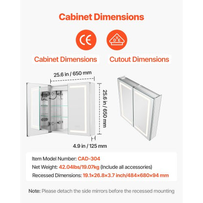 Beleuchteter Medizinschrank mit HD-Spiegel 65 x 65 cm. Einbau- oder Wandmontage.