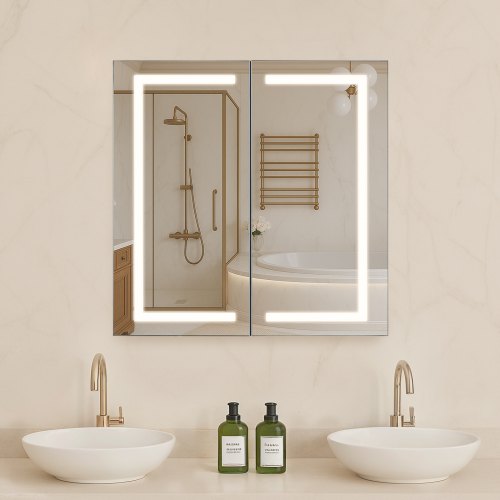 Illuminated medicine cabinet with HD mirror 65 x 65 cm Recessed or wall mounted