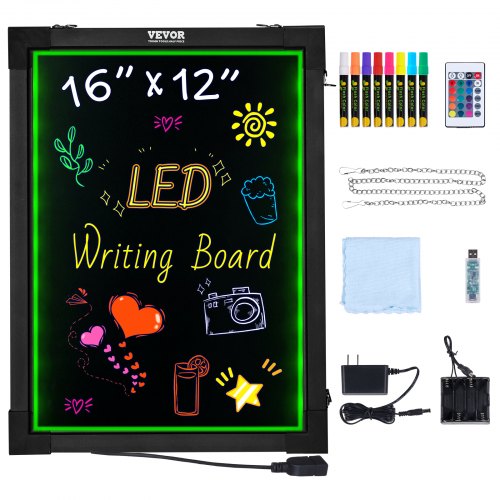 LED Message Writing Board, 16"x12" Illuminated Erasable Lighted Chalkboard, Neon Effect Menu Sign Board, Drawing Board with 8 Fluorescent Chalk Markers and Remote Control, for Home Wedding Shop