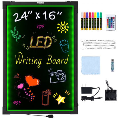 LED Message Writing Board, 24"x16" Illuminated Erasable Lighted Chalkboard, Neon Effect Menu Sign Board, Drawing Board with 8 Fluorescent Chalk Markers and Remote Tested to UL Standards