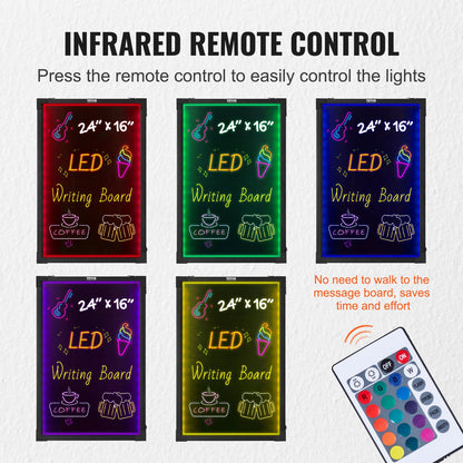 LED Message Writing Board, 24"x16" Illuminated Erasable Lighted Chalkboard, Neon Effect Menu Sign Board, Drawing Board with 8 Fluorescent Chalk Markers and Remote Tested to UL Standards