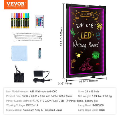 LED Message Writing Board, 24"x16" Illuminated Erasable Lighted Chalkboard, Neon Effect Menu Sign Board, Drawing Board with 8 Fluorescent Chalk Markers and Remote Tested to UL Standards