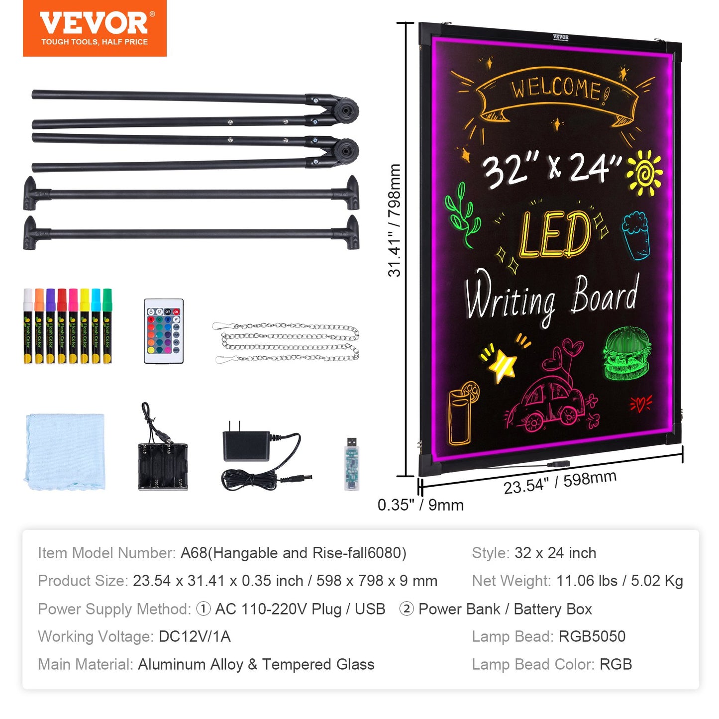 LED Message Writing Board, 32"x24" Illuminated Erasable Lighted Chalkboard, Neon Effect Menu Sign Board, Drawing Board with 8 Fluorescent Chalk Markers and Remote Contro Tested toStandards