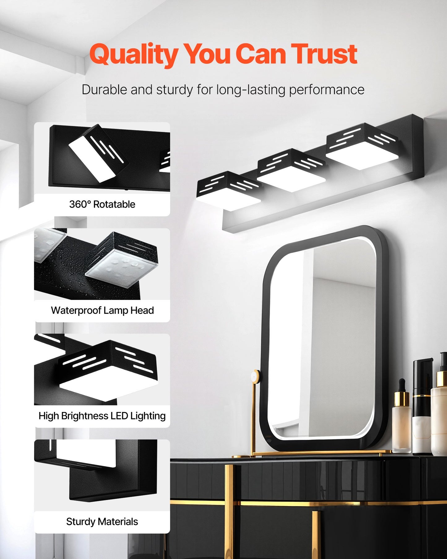 3-Light LED Modern Vanity Light Fixtures, 19.69-Inch, Black Finish Bathroom Wall Lighting Fixture Over Mirror, with IP44 Waterproof, for Bathroom, Living Room, Bedroom, Hallway, Cool White 6000K