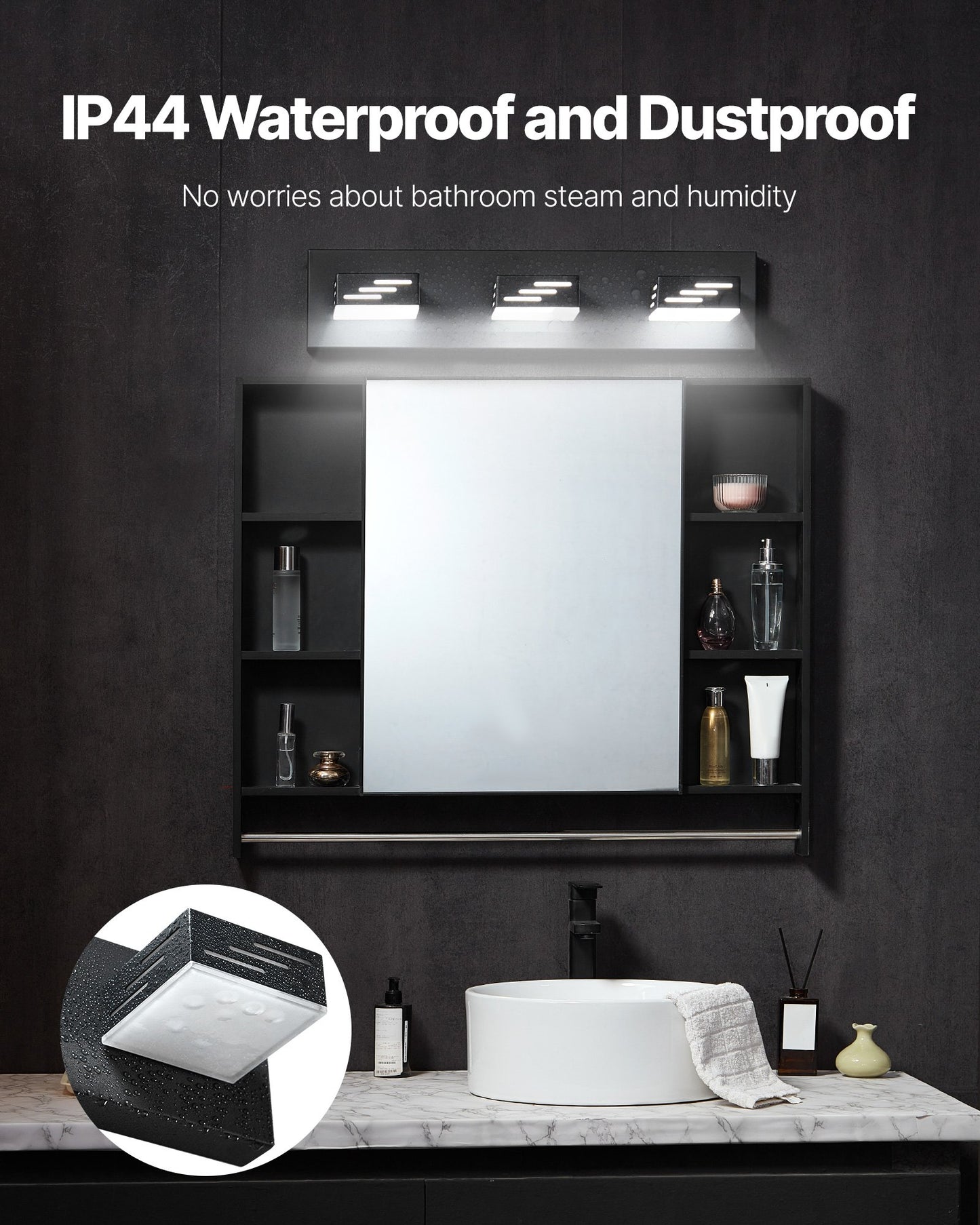 3-Light LED Modern Vanity Light Fixtures, 19.69-Inch, Black Finish Bathroom Wall Lighting Fixture Over Mirror, with IP44 Waterproof, for Bathroom, Living Room, Bedroom, Hallway, Cool White 6000K