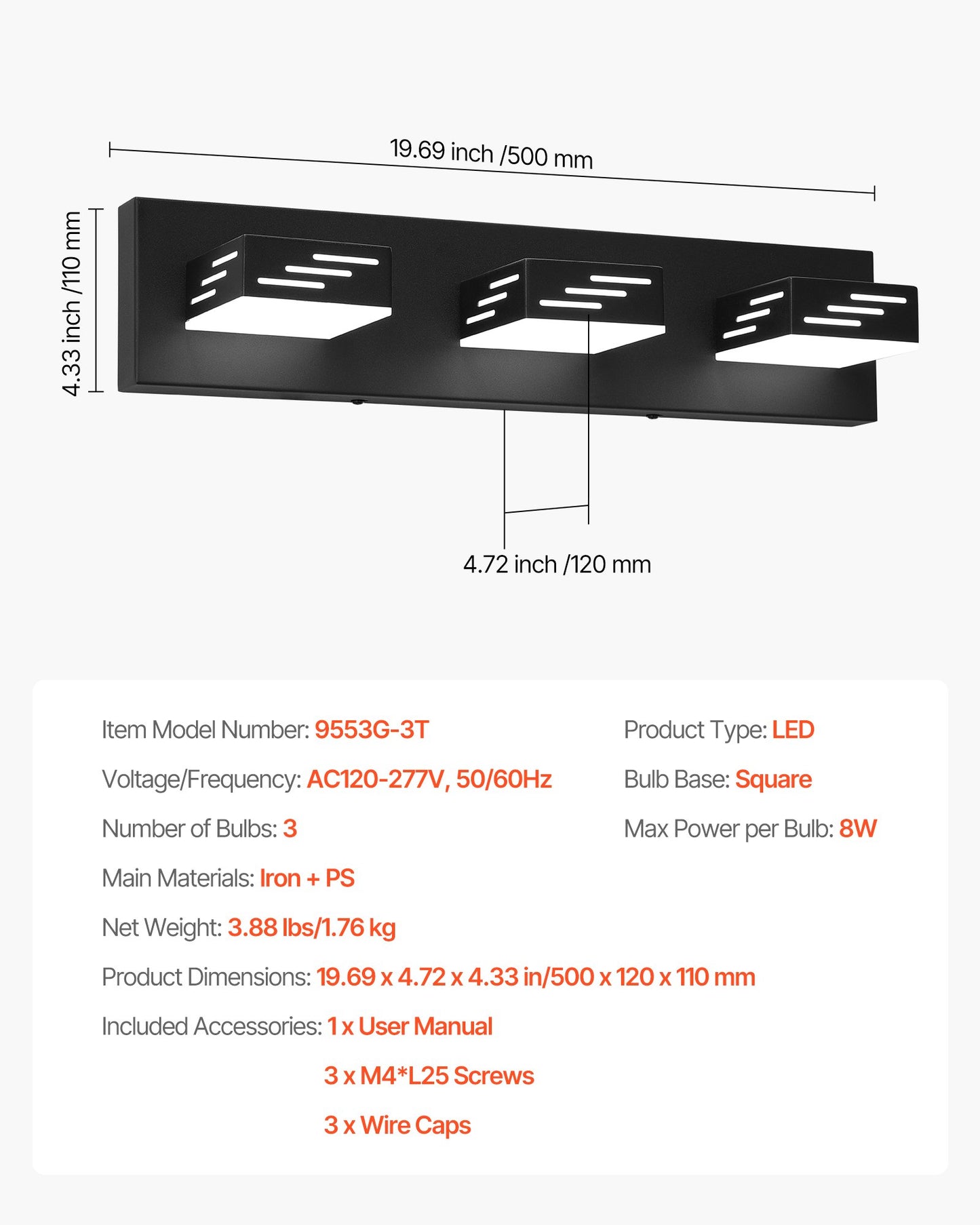 3-Light LED Modern Vanity Light Fixtures, 19.69-Inch, Black Finish Bathroom Wall Lighting Fixture Over Mirror, with IP44 Waterproof, for Bathroom, Living Room, Bedroom, Hallway, Cool White 6000K