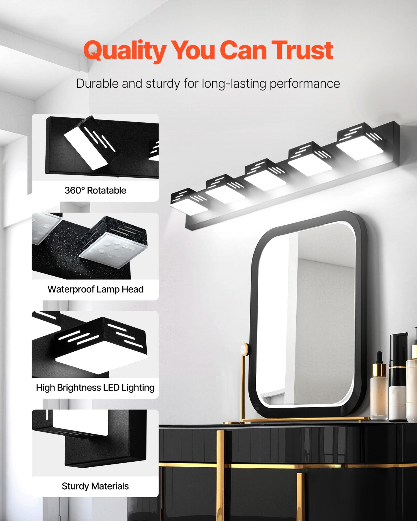 5-Light LED Modern Vanity Light Fixtures, 33.46-Inch, Black Finish Bathroom Wall Lighting Fixture Over Mirror, with IP44 Waterproof, for Bathroom, Living Room, Bedroom, Hallway, Cool White 6000K